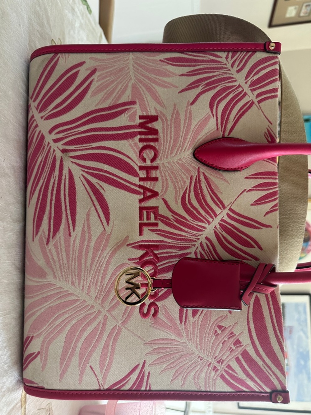 Michael Kors Pink Palm-Print Tote with Gold MK Charm